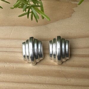VTG  Sunstone Imports Clip Earrings 1 Inch Ribbed Puffy Modernist Sterling 6.6g